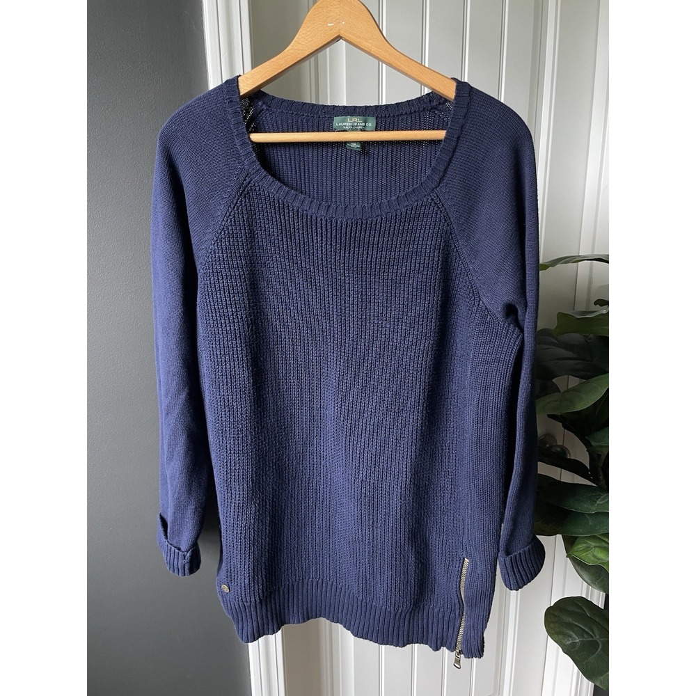 Lauren Ralph Lauren Ribbed Knit Sweater Navy Blue Side-Slit Zip Brass Accent 2XL